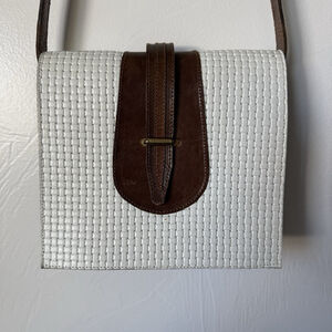 Vintage Boho Style Leather White & Brown Woven Texture Crossbody Bag